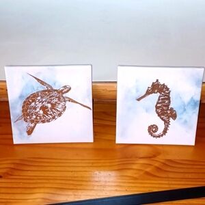 Home Unique  Wall Art  8x8 Inch Canvas Sea Horse & Sea Turtle In Gold Set Of 2